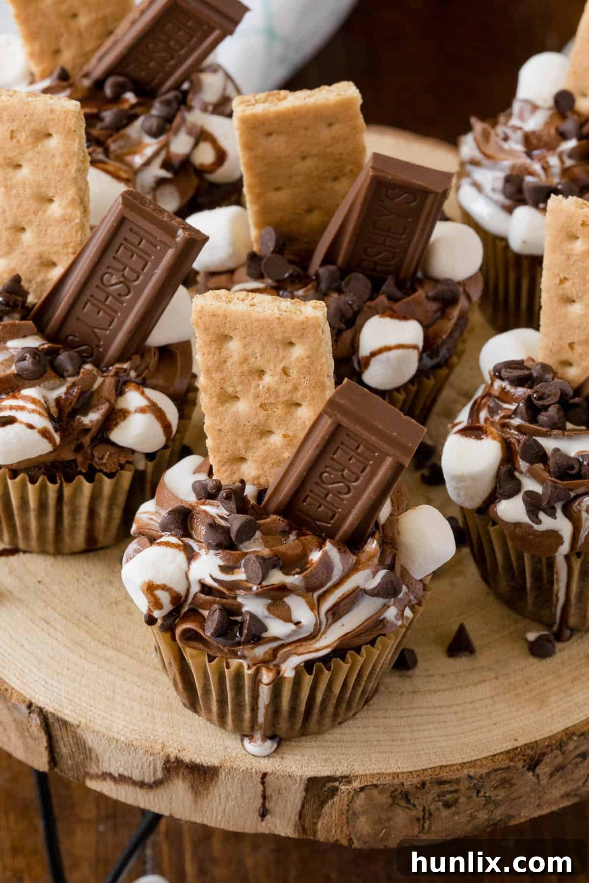 Close-up of a S'mores Cupcake with golden toasted marshmallows