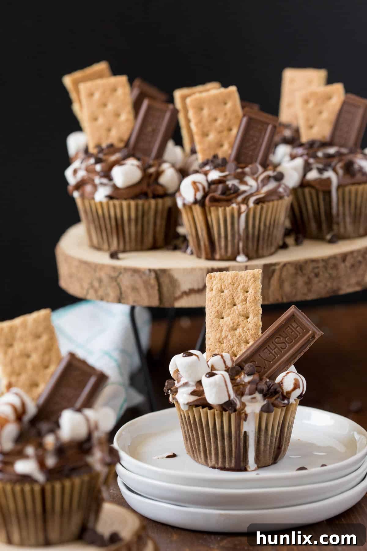 S'mores Cupcakes with chocolate bar and graham cracker toppings