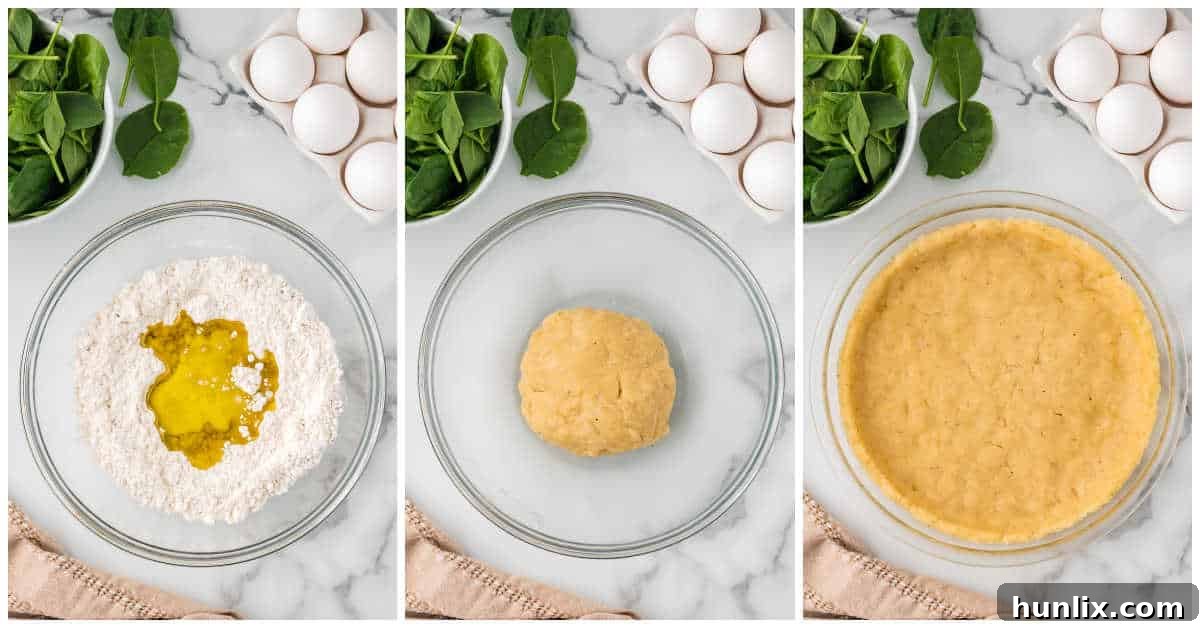 Earthy Mushroom and Fresh Spinach Quiche 4 A collage showing the process of making the pie crust: flour being mixed in a bowl, olive oil and milk added, and the dough pressed into a pie pan.