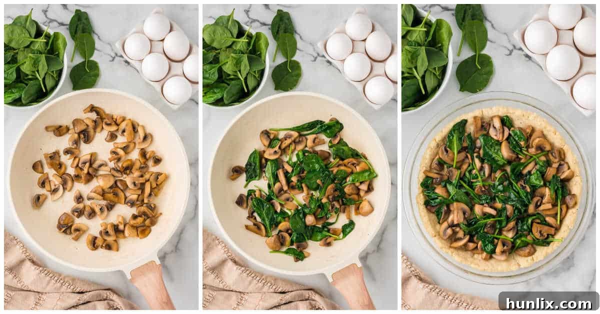 Earthy Mushroom and Fresh Spinach Quiche 5 A collage illustrating the vegetable preparation steps: mushrooms sautéing in a pan, spinach added to the pan and wilting, and the sautéed mushroom and spinach mixture spooned into the pre-baked pie crust.