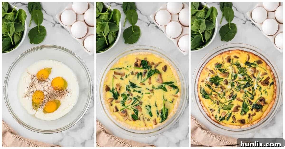 Earthy Mushroom and Fresh Spinach Quiche 6 A collage showing the final steps of quiche assembly: eggs being whisked with milk and seasonings in a bowl, the egg mixture poured over the vegetables in the pie crust, and the quiche baking in the oven, looking golden and puffed.