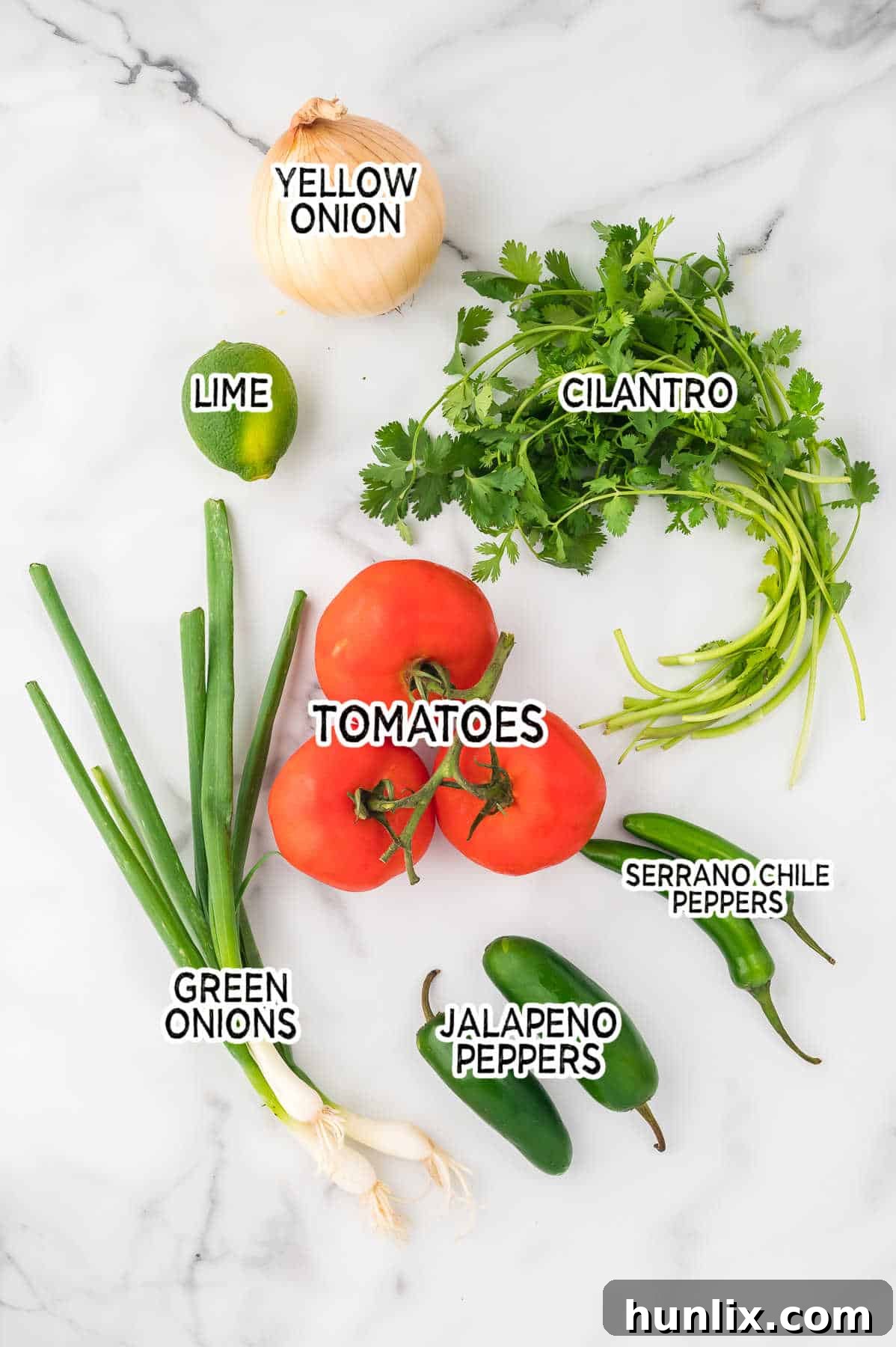 A beautiful display of fresh ingredients laid out on a rustic wooden cutting board, including ripe red tomatoes, various onions, green peppers, a bunch of cilantro, and bright green limes, all ready for the preparation of Pico de Gallo.