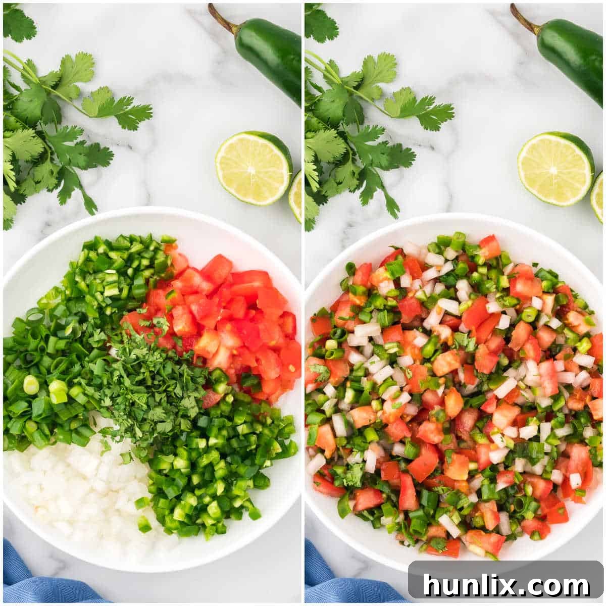 A three-panel image showing the progression of making Pico de Gallo: finely chopping vegetables, mixing them in a bowl, and then the finished salsa in a serving dish, highlighting the simplicity of the process.