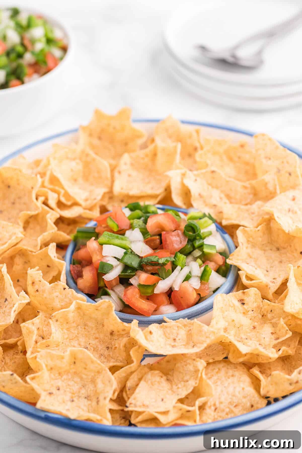 A vibrant bowl of fresh Pico de Gallo sits on a rustic wooden platter, surrounded by a generous pile of crispy tortilla chips, creating an inviting and classic appetizer display.