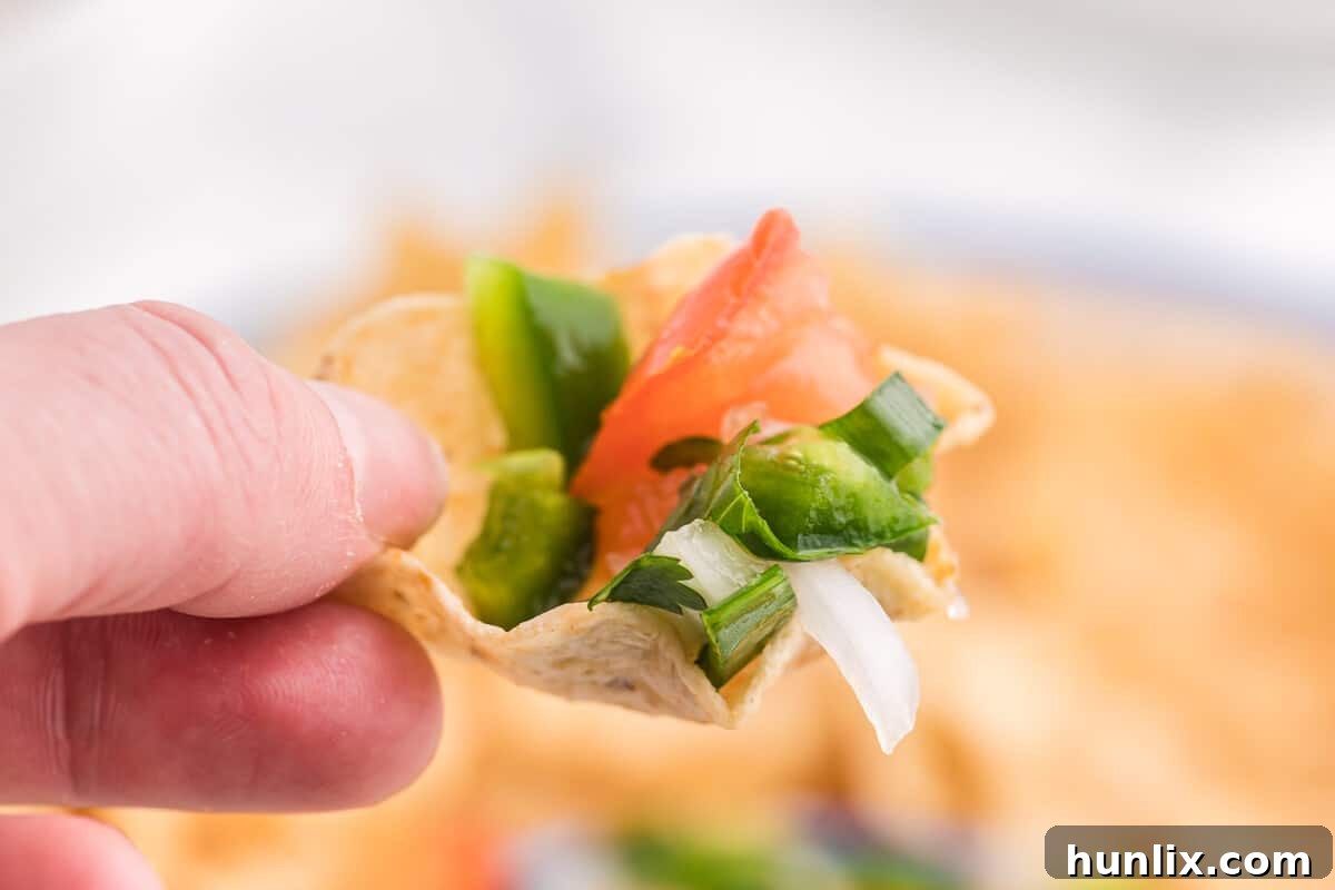 A hand holds a single tortilla chip, generously piled high with vibrant, fresh Pico de Gallo, poised for a delicious bite, highlighting the appetizing texture.