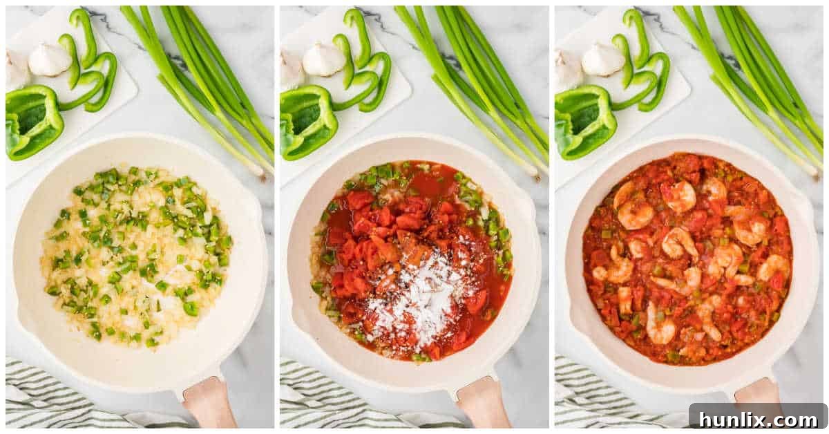 A collage showing the preparation steps for Shrimp Creole: sautéing vegetables, adding spices, and simmering the tomato-based sauce in a pan.