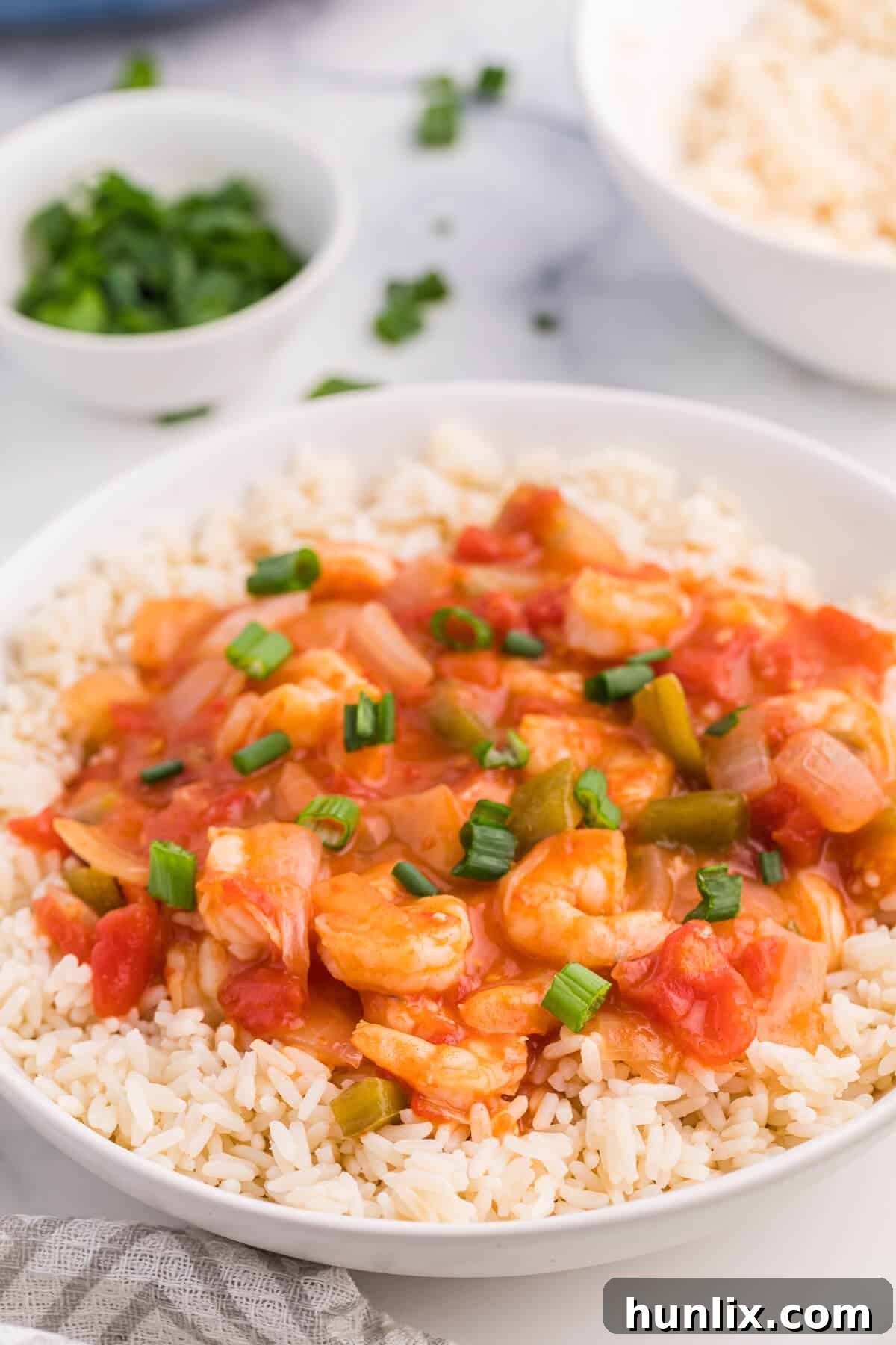 A close-up shot of Shrimp Creole served in a white bowl over rice, highlighting the vibrant colors and rich sauce texture.