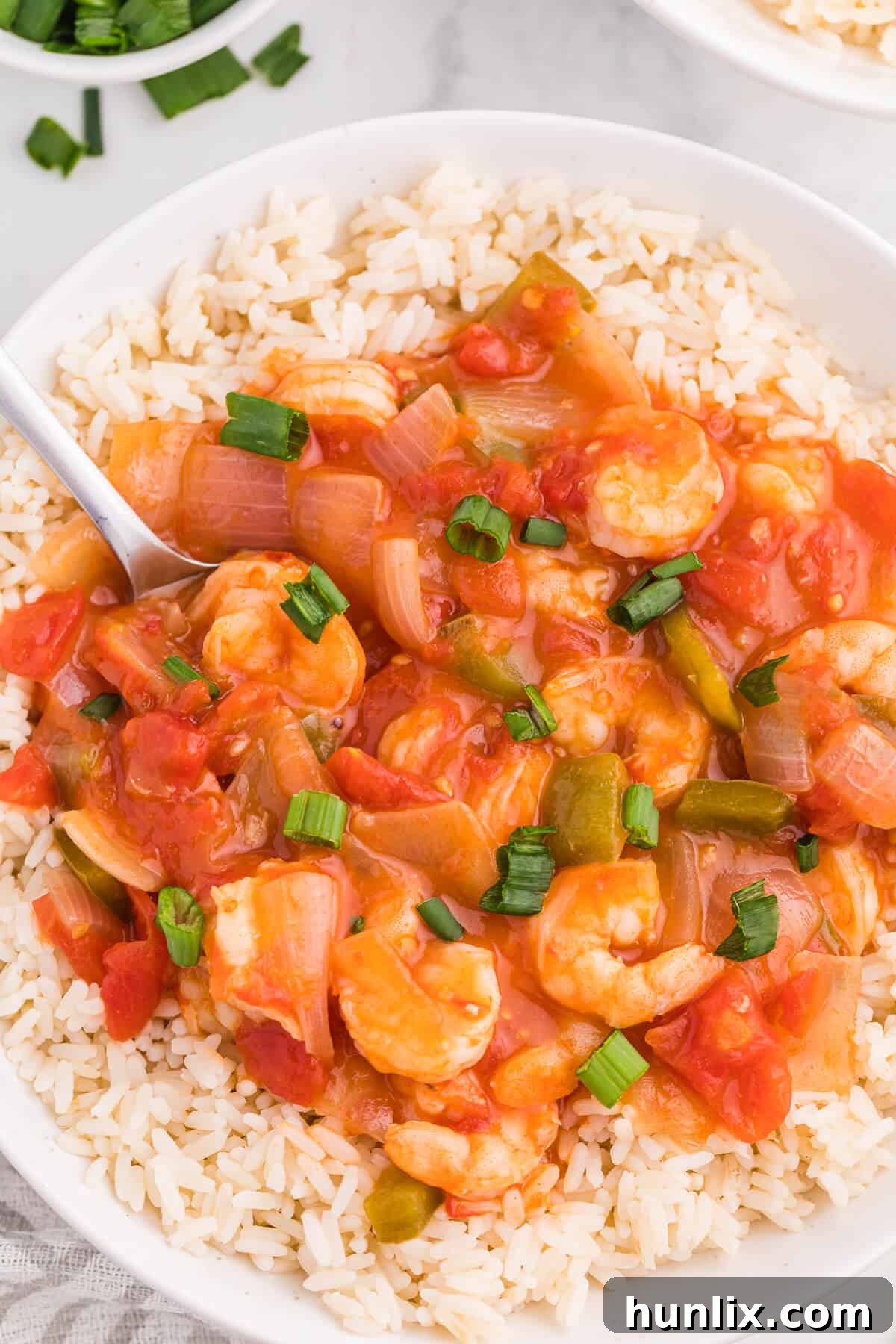 A close-up of Shrimp Creole in a white bowl with rice and a spoon, ready to be enjoyed as a comforting meal.