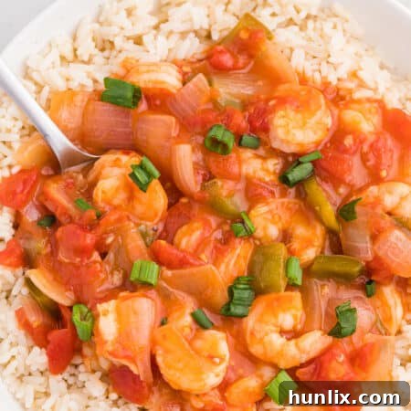 A close-up of Shrimp Creole in a white bowl with rice and a spoon, ready to be enjoyed as a comforting meal.