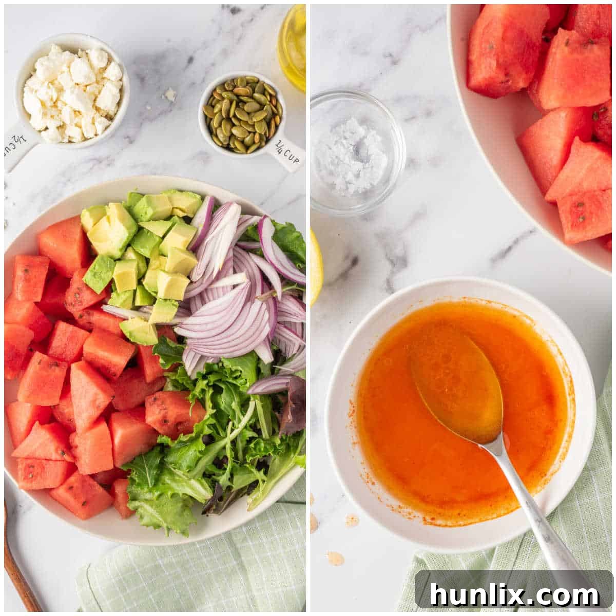 The initial steps of making watermelon and feta salad, showing a large bowl with chopped watermelon, avocado, salad greens, and red onion, alongside a smaller bowl of whisked dressing.