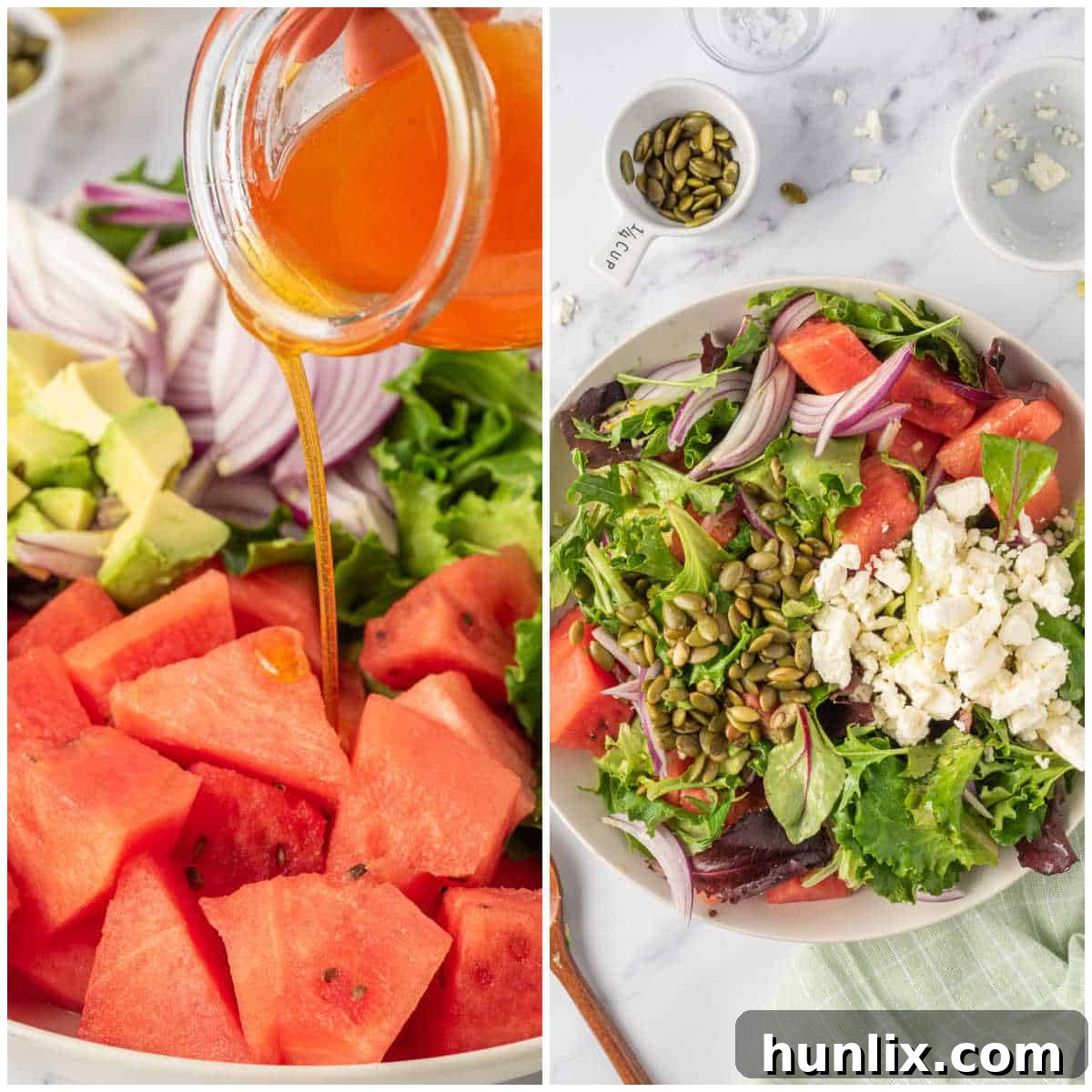 The final steps of preparing watermelon and feta salad, with crumbled feta cheese and pumpkin seeds being added to the mixed salad before the final toss.