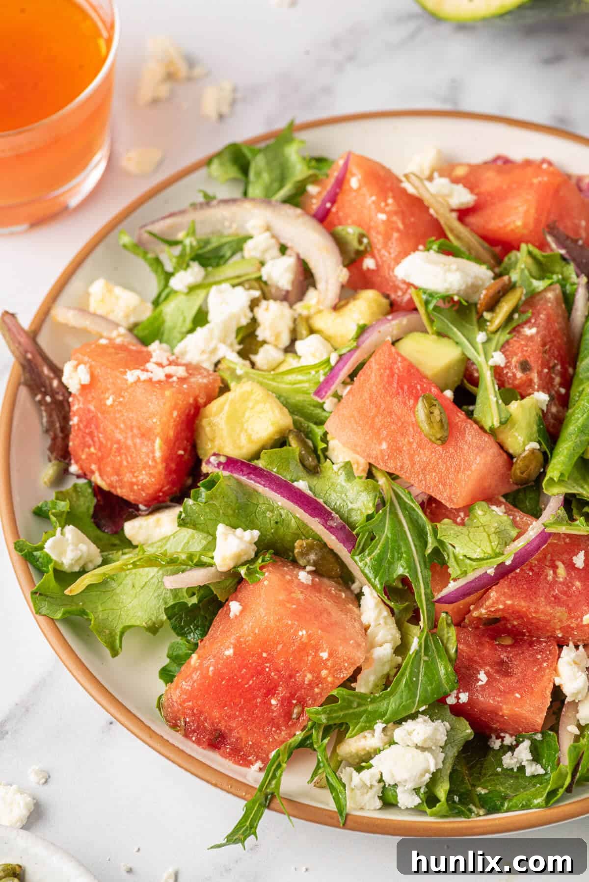 A close-up shot of the finished Watermelon and Feta Salad served on a white plate, showcasing the colorful diced watermelon, creamy feta, and green avocado pieces, ready to be enjoyed.