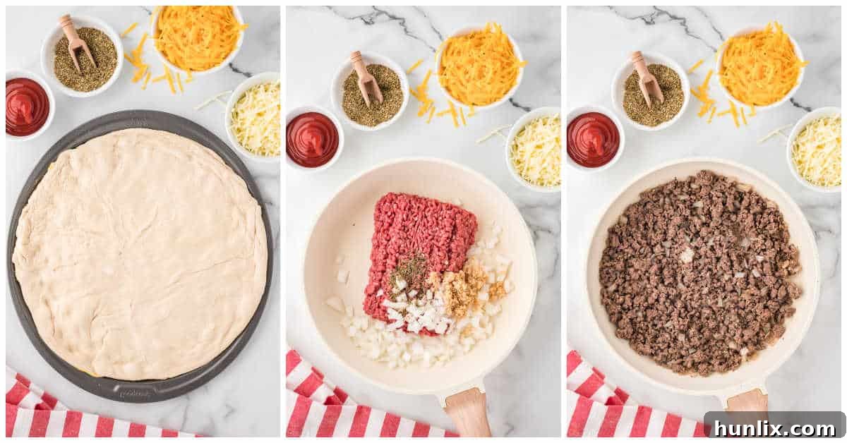 Steps to make cheeseburger pizza.