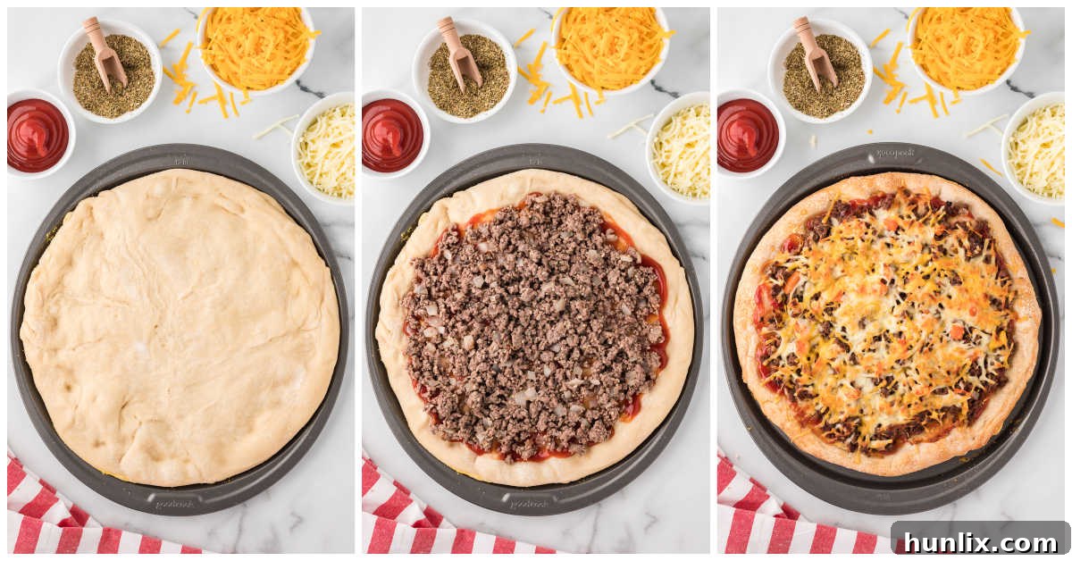 Steps to make cheeseburger pizza.