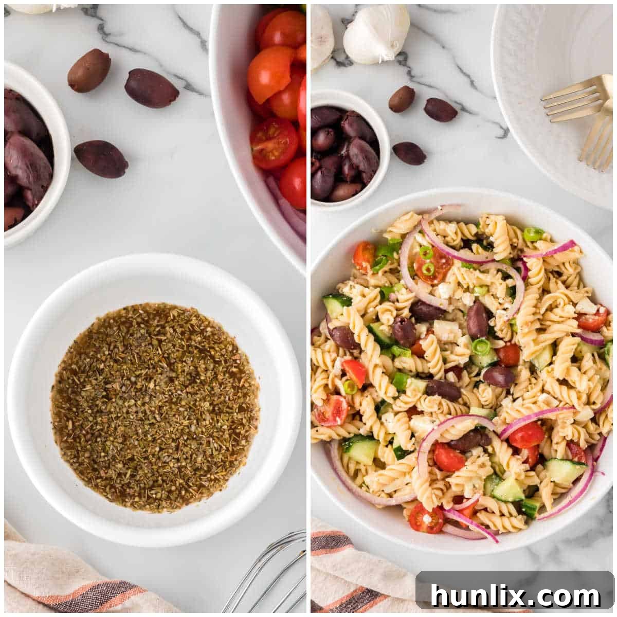 Zesty Greek Pasta Medley 5 A small bowl containing the ingredients for Greek salad dressing: olive oil, minced garlic, apple cider vinegar, lemon juice, dried oregano, and black pepper, with a whisk resting in it.