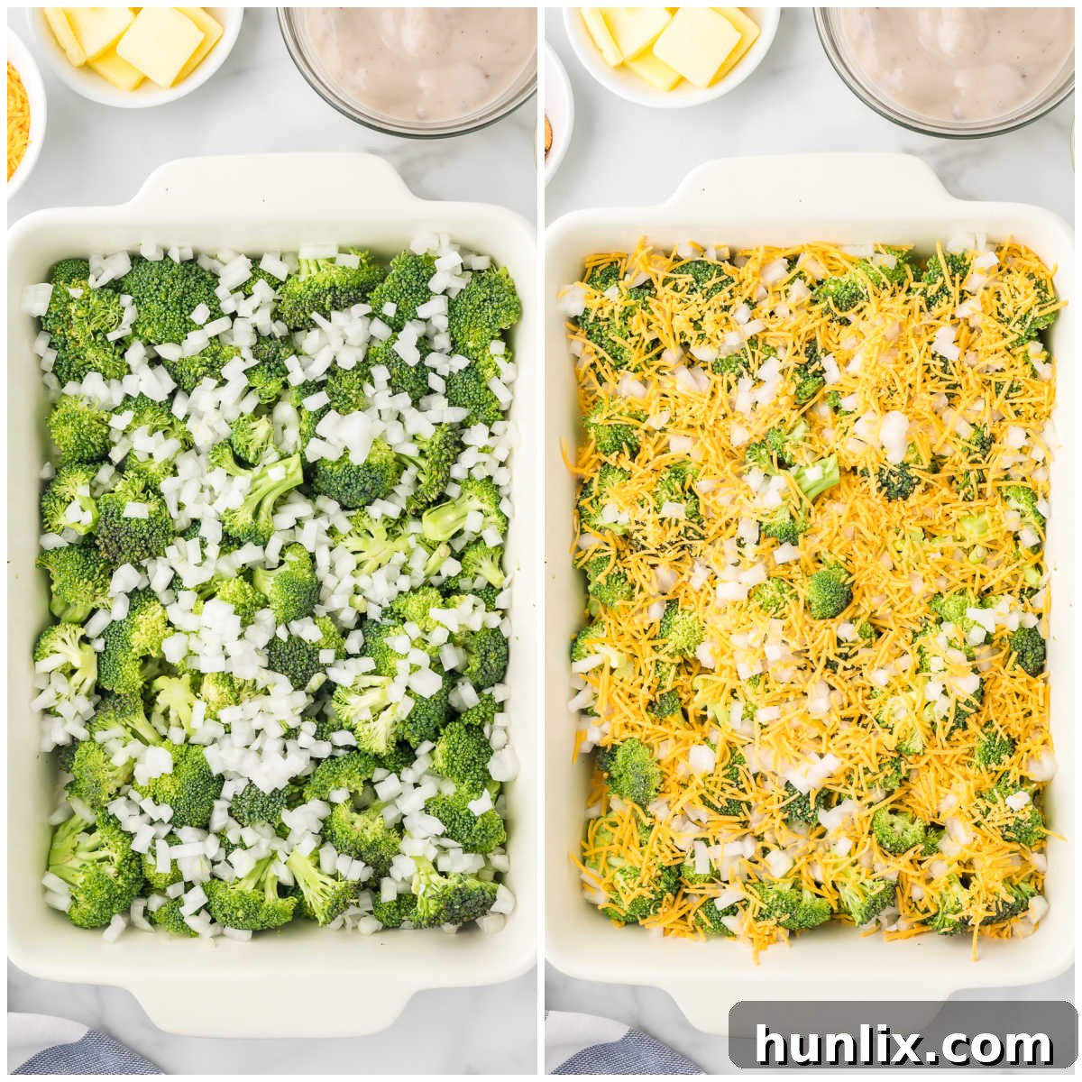 A collage showing the first steps of making broccoli casserole: chopped broccoli and onions are spread in a baking pan, followed by a layer of grated cheddar cheese.