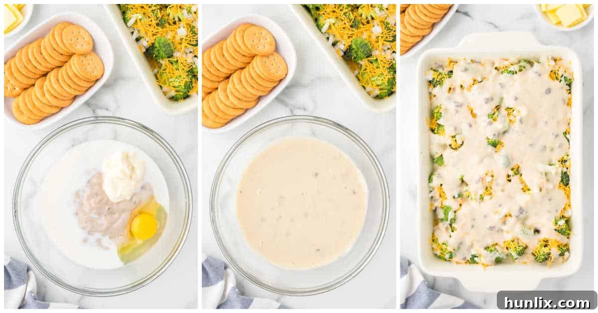 A collage demonstrating the creation of the creamy casserole sauce: a bowl with soup, milk, mayonnaise, and an egg being mixed, and then the sauce being poured over the broccoli and cheese in the baking pan.