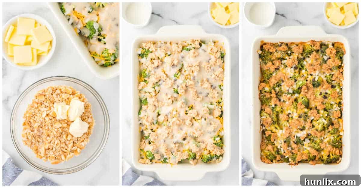 A collage illustrating the final steps of broccoli casserole preparation: mixing crushed Ritz crackers with butter for the topping, sprinkling it over the casserole, and the finished casserole baking in the oven until golden brown.
