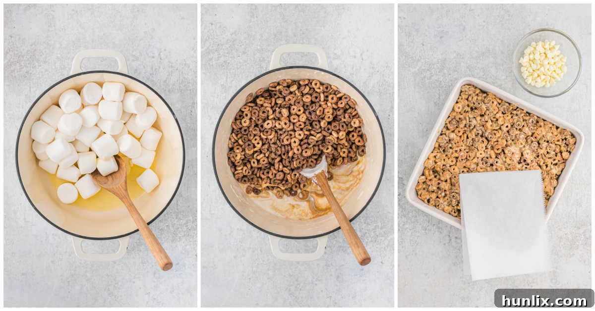 No Bake White Chocolate Peanut Butter Cheerios Squares 4 A collage showing the step-by-step process of making white chocolate peanut butter Cheerios treats, from melting to mixing and pressing into the pan.