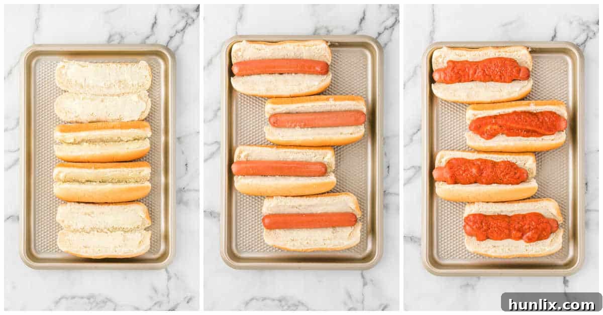 Pizzadog 4 Step-by-step image showing hot dogs in buns with sauce applied.