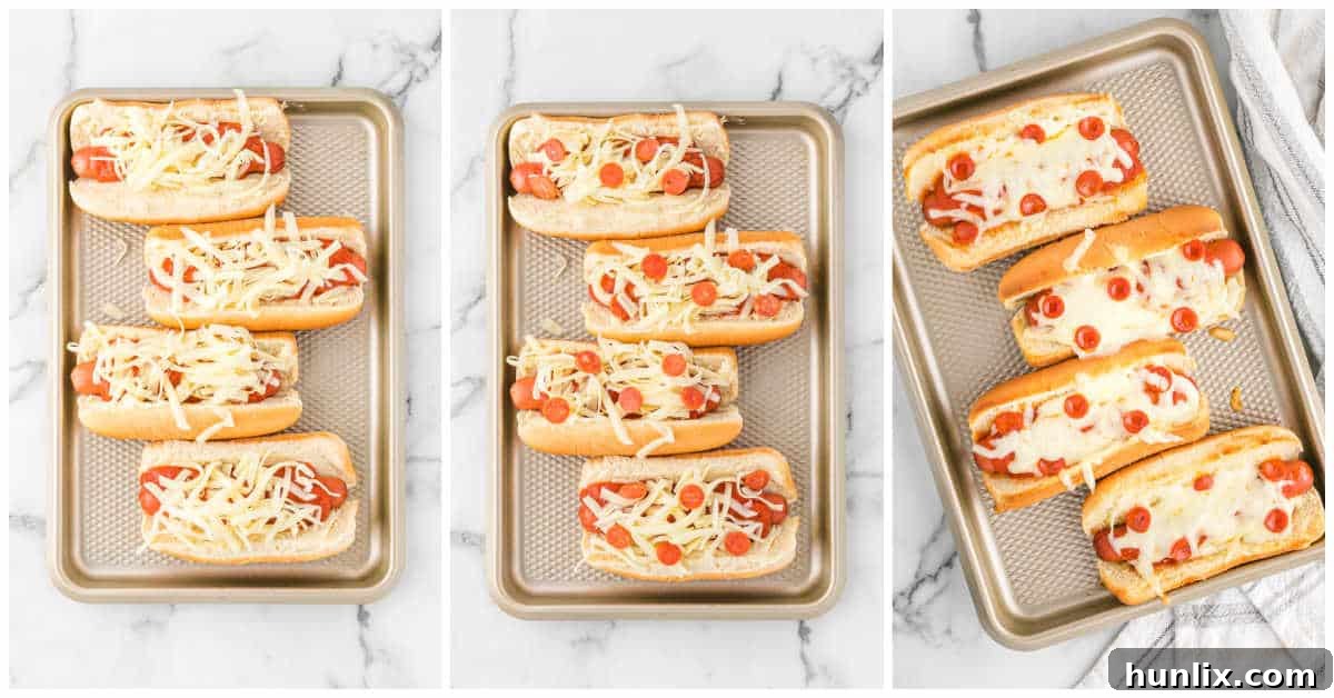 Pizzadog 5 Step-by-step image showing pizza hot dogs fully topped and ready for baking.