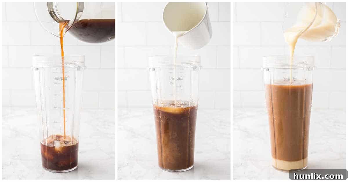 Collage showing the process of adding brewed coffee, sweetened condensed milk, milk, vanilla extract, and ice to a blender cup.