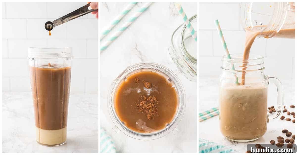Collage showing the blender mixing the ingredients and the finished iced coffee being poured into a mug.