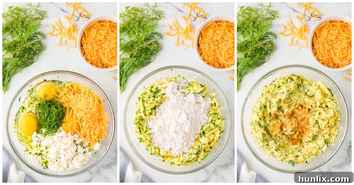 Detailed steps showing shredded zucchini, eggs, dill, and cheeses mixed in a bowl, then flour, salt, and cayenne added for the cheesy zucchini bake.
