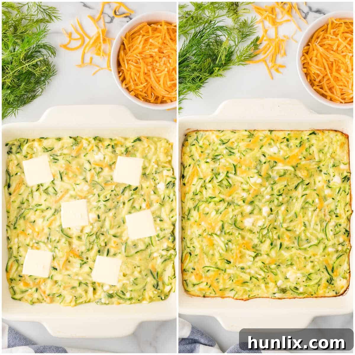 Cheesy zucchini mixture being poured into a buttered baking dish, with butter dots on top, ready for baking.