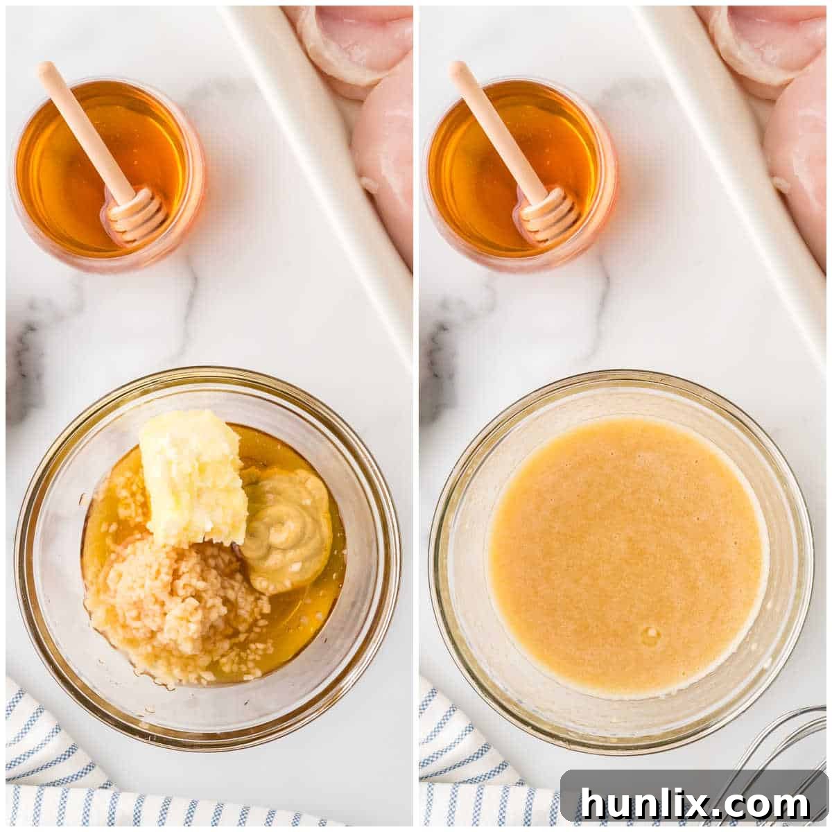 Golden Honey Garlic Chicken 4 A collage showing the process of mixing honey, butter, garlic, and Dijon mustard in a bowl to create the sauce.
