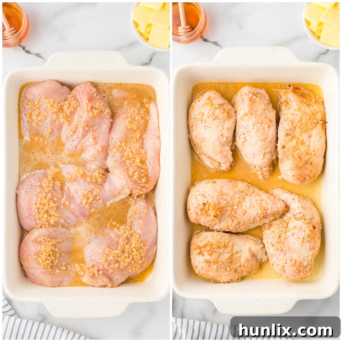 Golden Honey Garlic Chicken 5 A collage demonstrating the process of coating chicken breasts with honey garlic sauce in a baking pan, ready for the oven.
