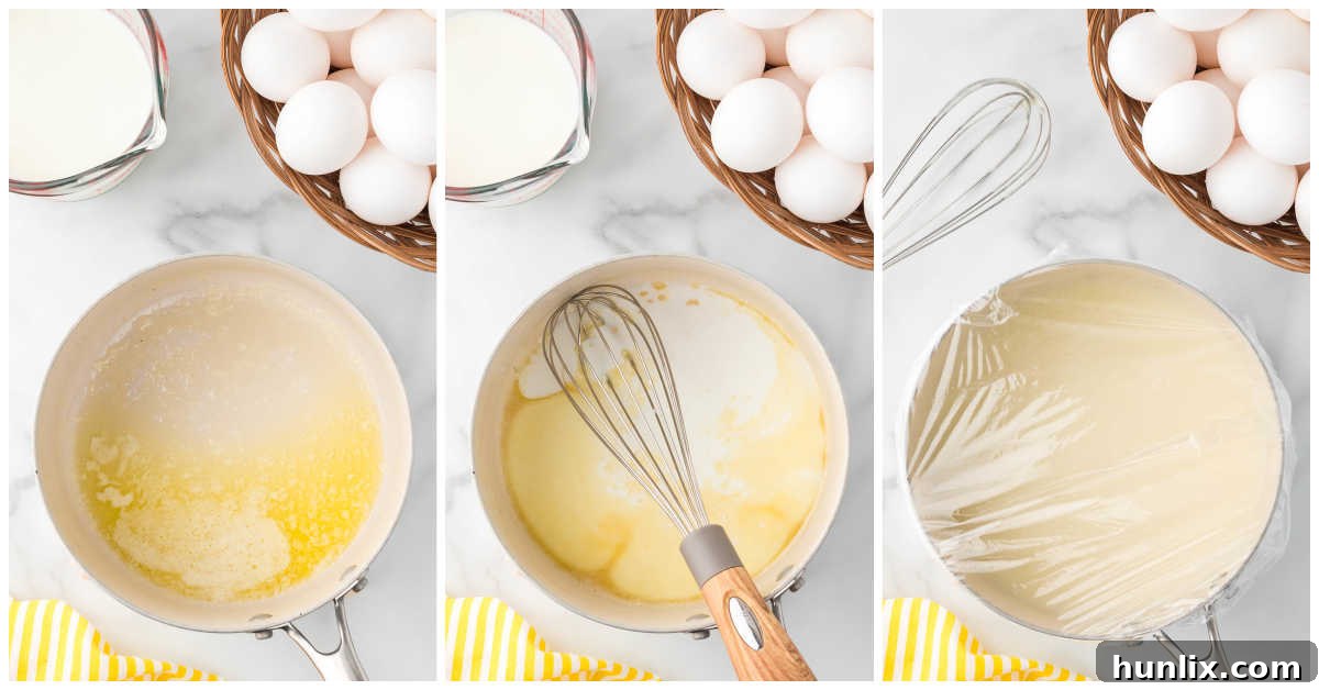 Two images showing the initial steps of making oven scrambled eggs: melting butter and flour for the roux, then whisking in cream.