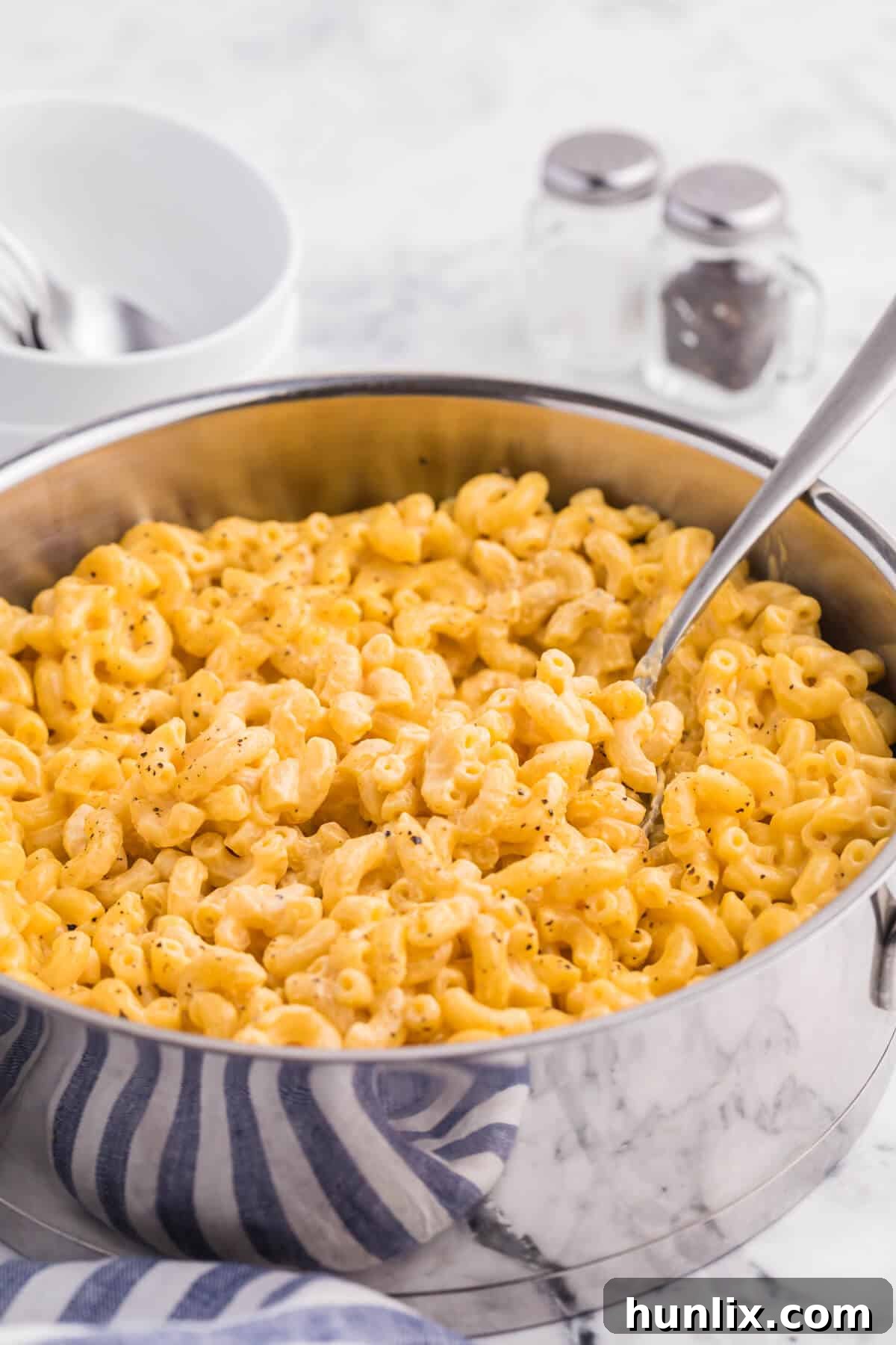 A pot of stovetop mac and cheese, ready to be served.