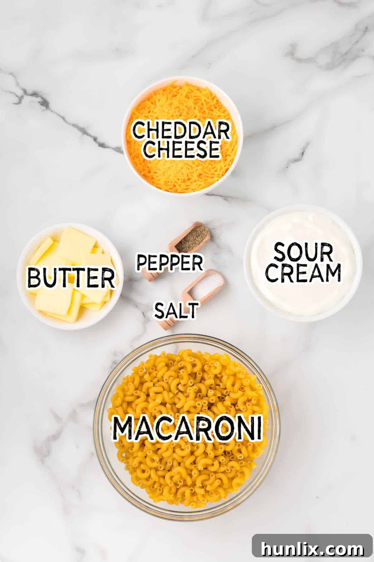 Ingredients laid out for making stovetop mac and cheese.