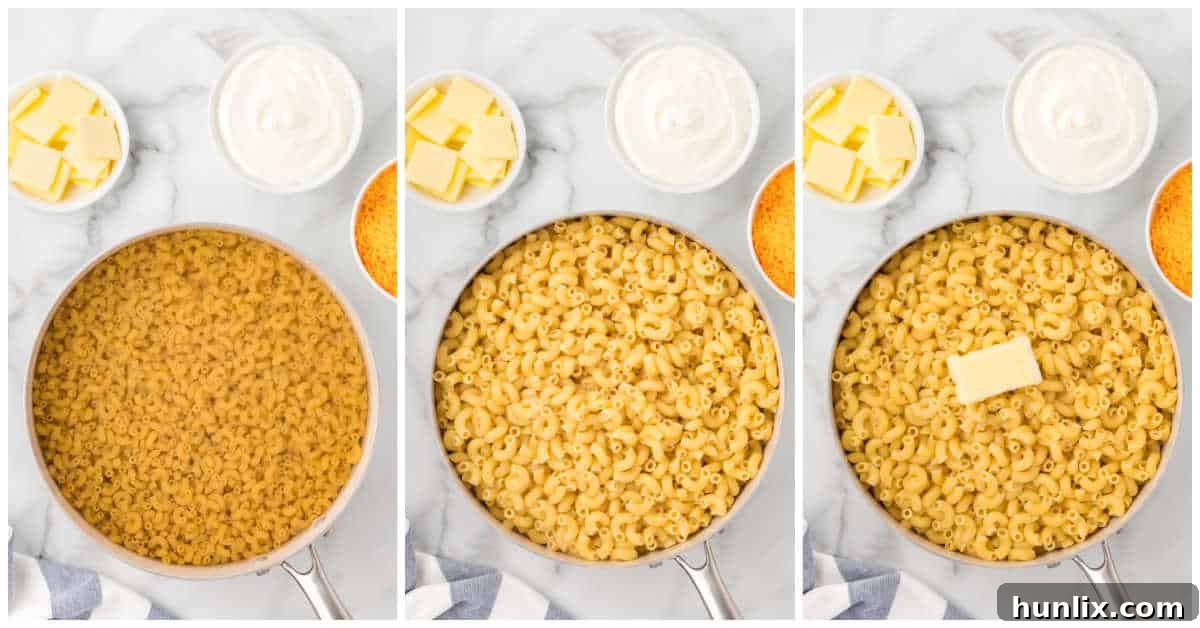 Images showing the initial steps to make stovetop mac and cheese.