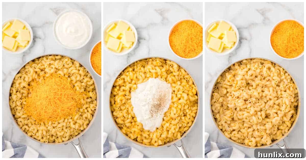 Images showing the final steps of making stovetop mac and cheese.