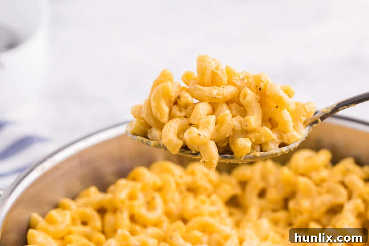 A serving spoon full of creamy stovetop mac and cheese.