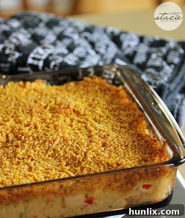 Golden, crispy top on a creamy chicken and rice casserole