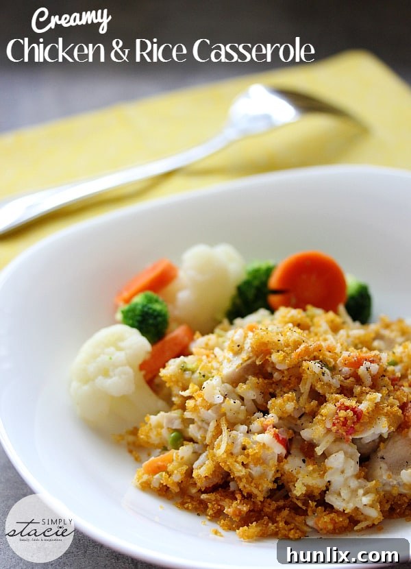 Delicious Creamy Chicken & Rice Casserole served with mixed vegetables