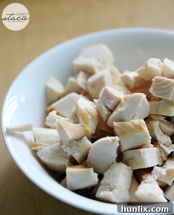 Chopped M&M Meat Shops chicken breasts ready for casserole