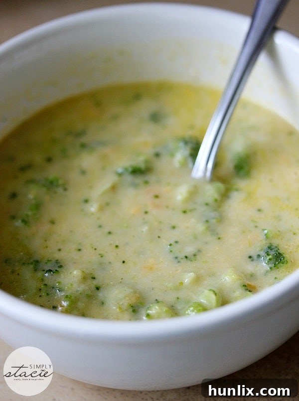 Close-up of M&M Meat Shops creamy Broccoli Cheddar Soup