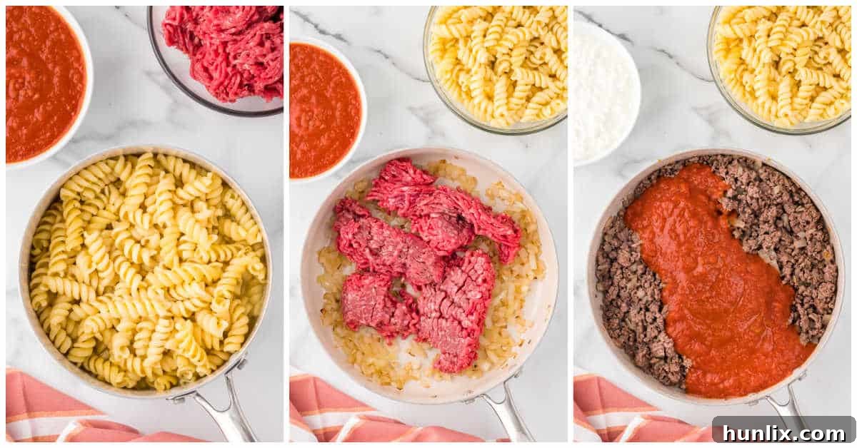 Collage of cooking the pasta and the meat sauce.