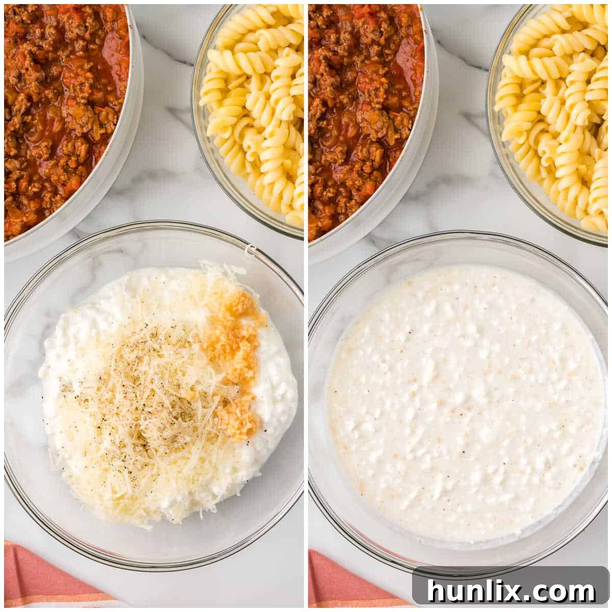 Collage of making the cottage cheese mixture in a bowl.
