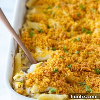 Tuna Noodle Casserole - creamy noodles topped with a crunchy cheesy topping. Chip dip is the secret ingredient!