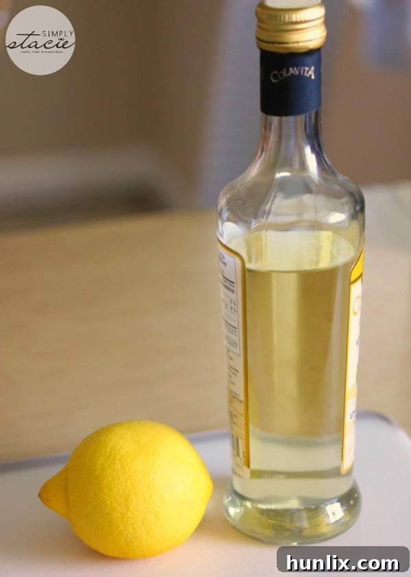 Essential Natural Ingredients for Microwave Cleaning: A microwave-safe bowl filled with water, fresh lemon slices, and a bottle of vinegar, highlighting the simple components needed for an effective clean.