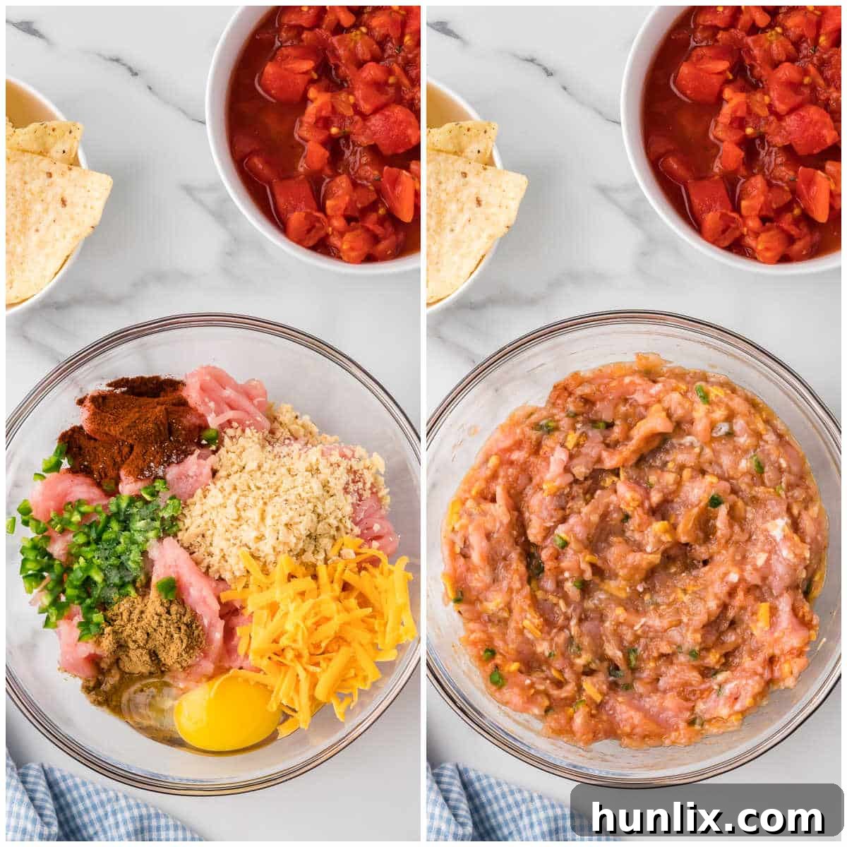 Close-up view of hands gently mixing ground chicken with chopped jalapeños, spices, crushed tortilla chips, and shredded cheese in a large bowl, showcasing the first step in making Mexican meatballs.