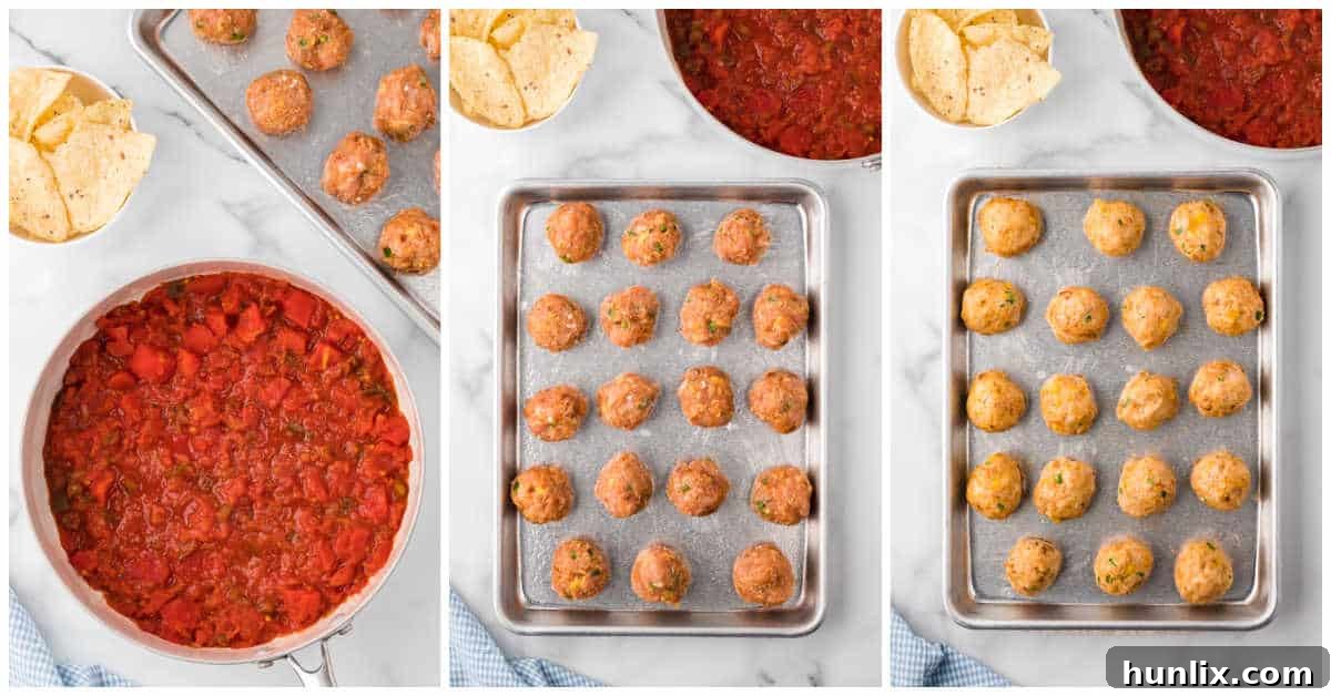 A greased baking sheet filled with uniformly rolled Mexican meatballs, ready for the oven, illustrating the preparation step before cooking.