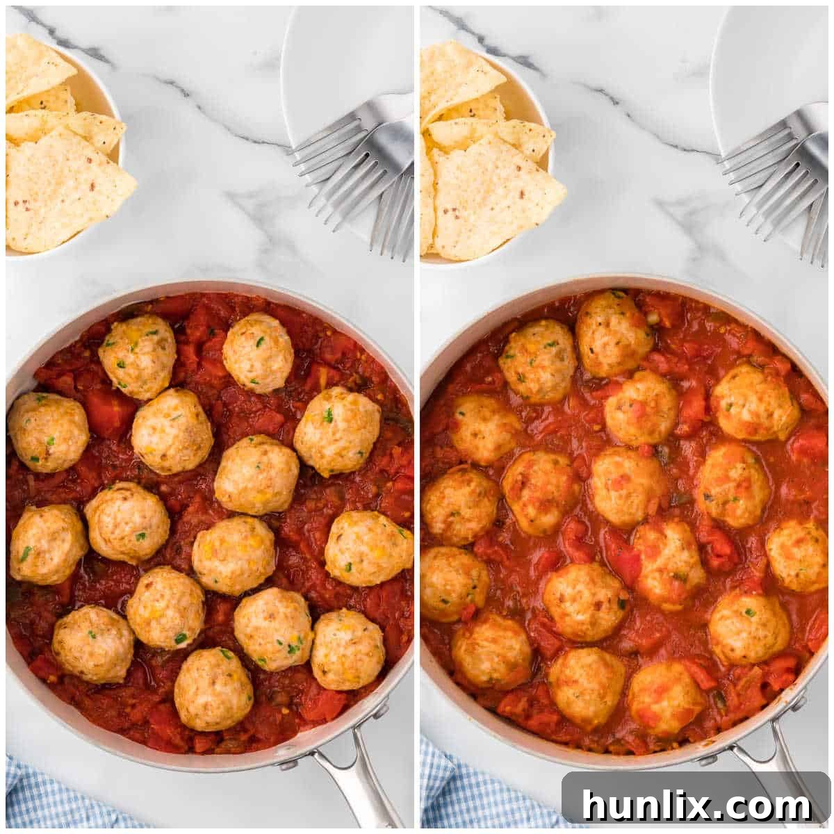 Cooked Mexican meatballs gently simmering in a rich, red tomato and salsa sauce in a saucepan, with fresh cilantro sprinkled on top, depicting the final step before serving.