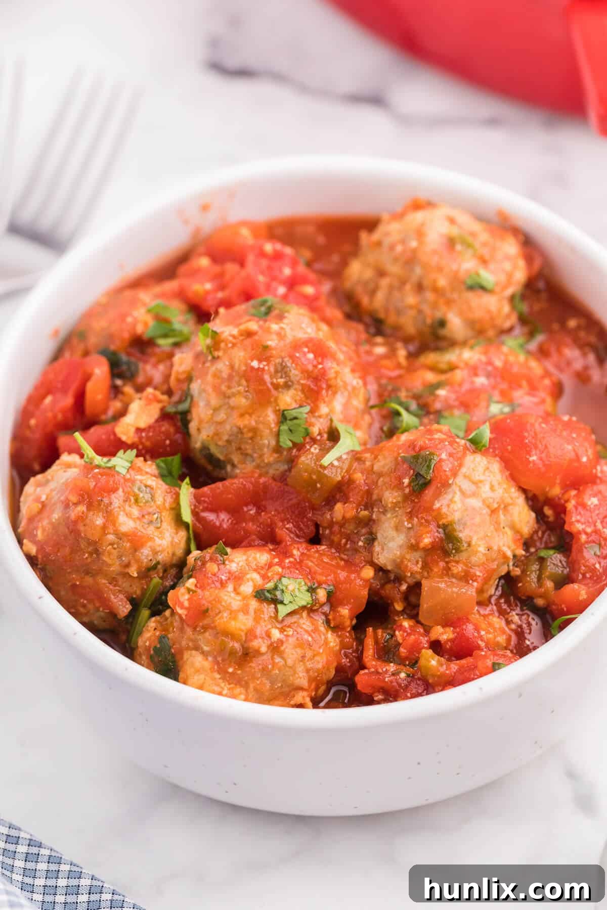 A close-up of several Mexican meatballs artfully arranged in a bowl, showcasing their texture and rich color, ready to be enjoyed.