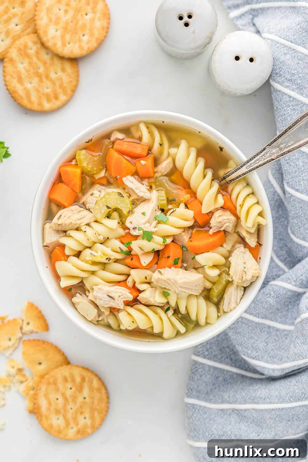 Grandma's Golden Chicken Noodle Soup 6 A bowl of homemade chicken noodle soup with a spoon resting in it, ready to be enjoyed.